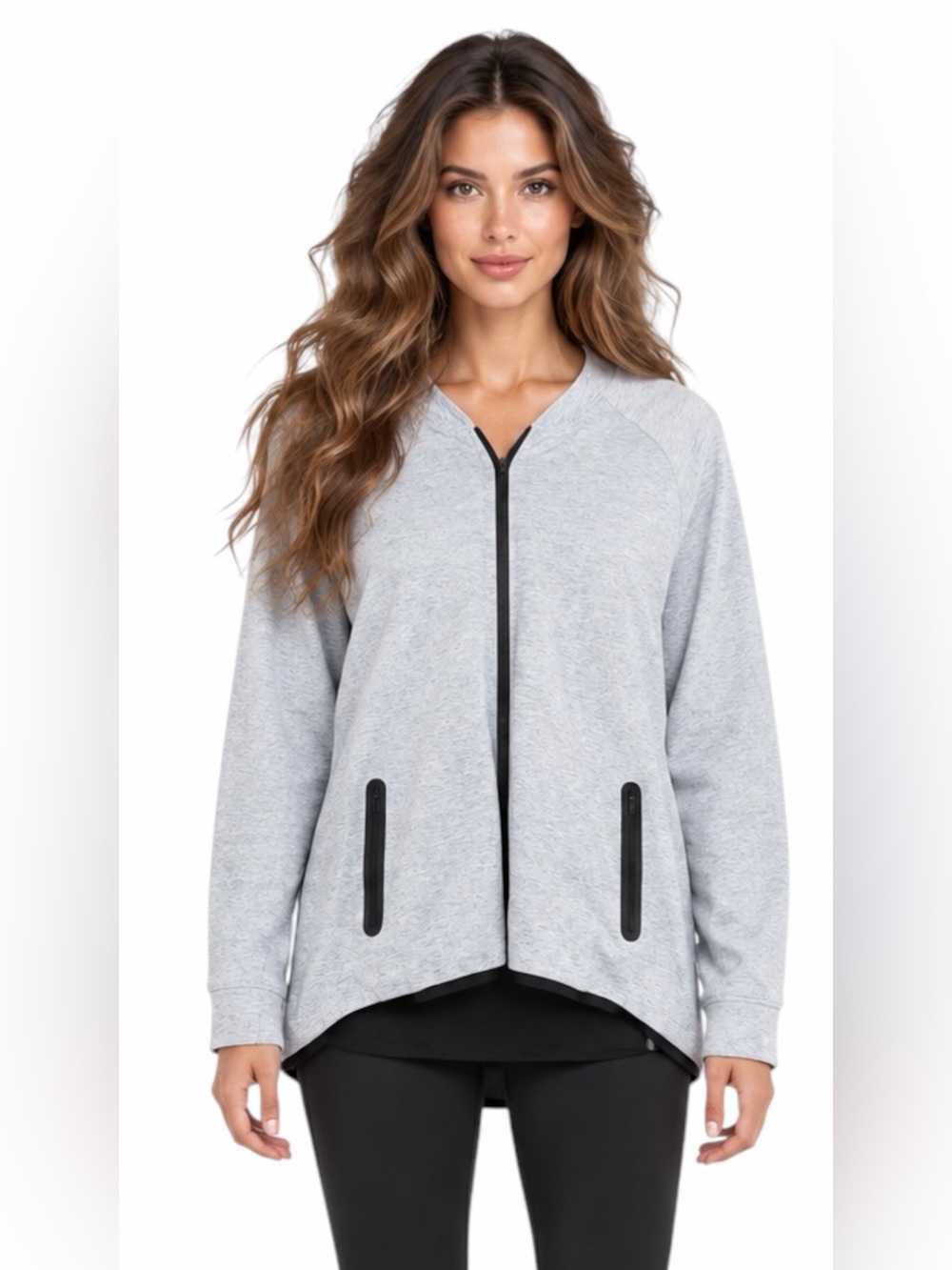 Zella – Hooded Full-Zip Athletic Jacket – High-Low Hem – Gray – Sz. XL